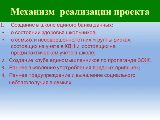 Механизм реализации проекта Создание в школе единого банка данных: о состоянии здоровья