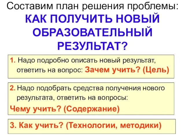 Составим план решения проблемы: КАК ПОЛУЧИТЬ НОВЫЙ ОБРАЗОВАТЕЛЬНЫЙ РЕЗУЛЬТАТ? 1. Надо подробно