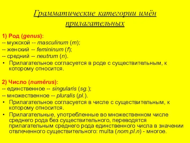 Грамматические категории имён прилагательных 1) Род (genus): -- мужской -- masculinum (m);