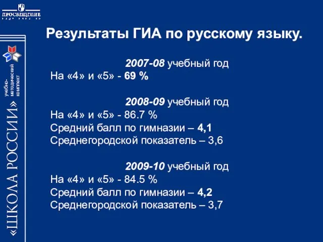 2007-08 учебный год На «4» и «5» - 69 % 2008-09 учебный