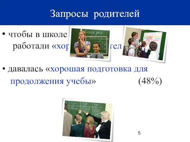 Родители хотят, чтобы в школе работали «хорошие учителя» (55%) давалась «хорошая подготовка