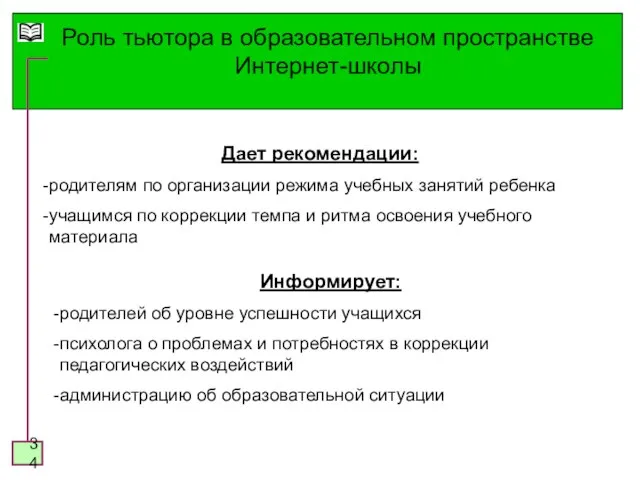 Роль тьютора в образовательном пространстве Интернет-школы Дает рекомендации: родителям по организации режима