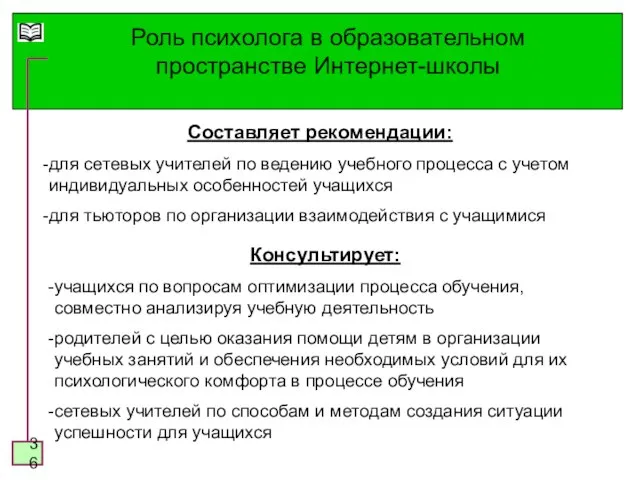 Роль психолога в образовательном пространстве Интернет-школы Составляет рекомендации: для сетевых учителей по