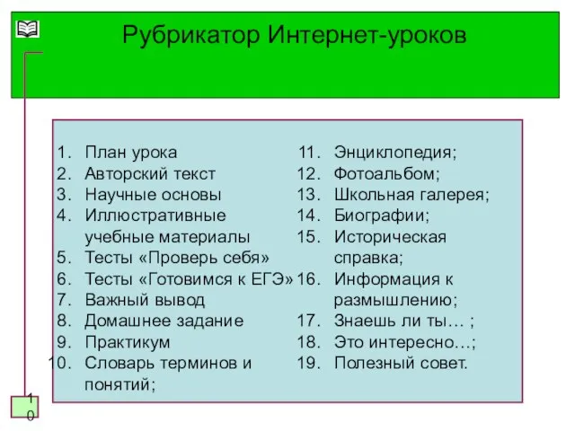 Рубрикатор Интернет-уроков План урока Авторский текст Научные основы Иллюстративные учебные материалы Тесты