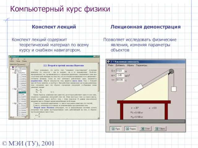 © МЭИ (ТУ), 2001 Компьютерный курс физики Конспект лекций Конспект лекций содержит