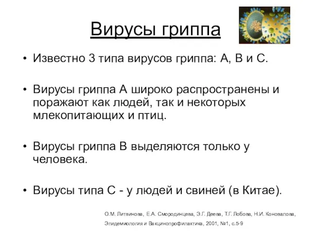 Вирусы гриппа Известно 3 типа вирусов гриппа: А, В и С. Вирусы