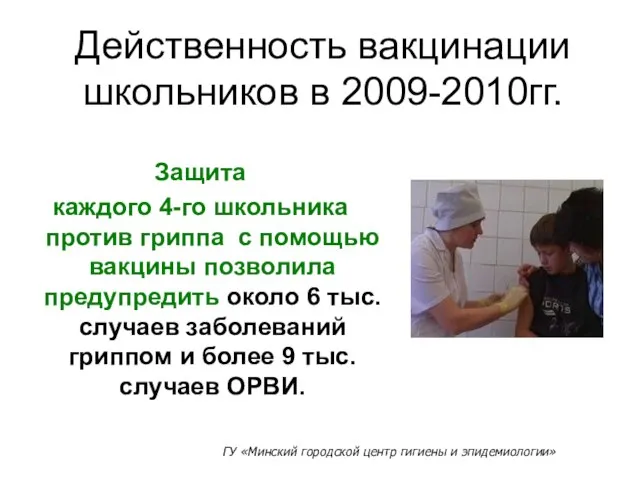 Действенность вакцинации школьников в 2009-2010гг. Защита каждого 4-го школьника против гриппа с