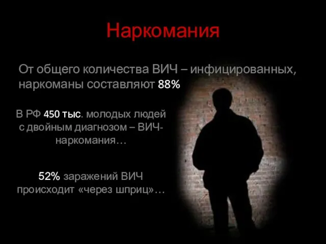 Наркомания От общего количества ВИЧ – инфицированных, наркоманы составляют 88% В РФ