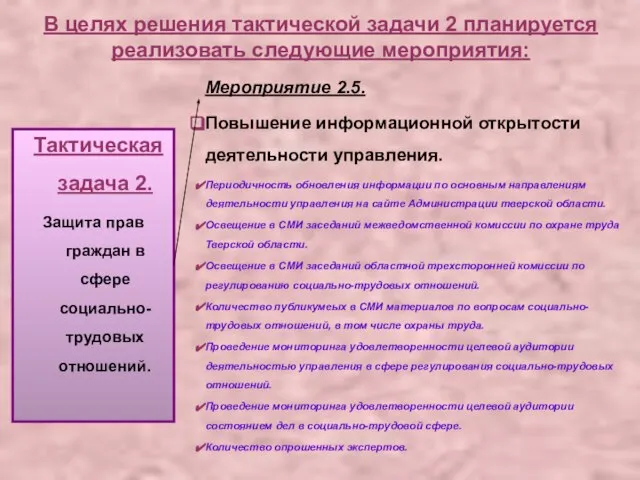 В целях решения тактической задачи 2 планируется реализовать следующие мероприятия: Тактическая задача