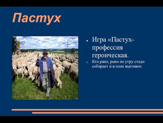 Пастух Игра «Пастух-профессия героическая. Кто рано, рано по утру стадо собирает и в поле выгоняет.