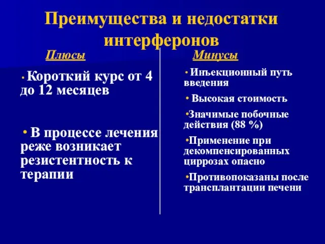 Преимущества и недостатки интерферонов Короткий курс от 4 до 12 месяцев В