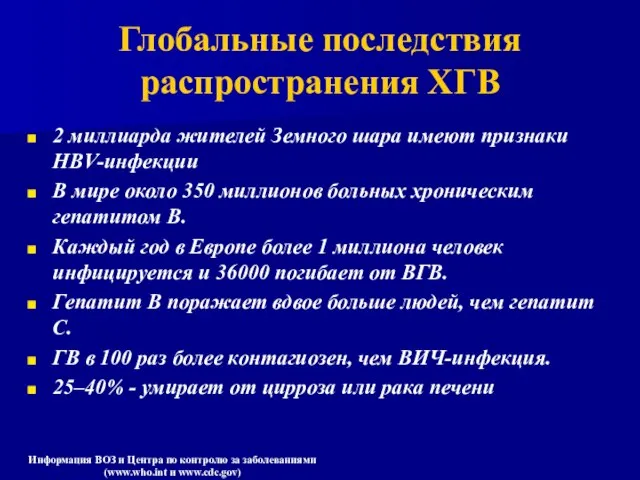 Глобальные последствия распространения ХГB 2 миллиарда жителей Земного шара имеют признаки HBV-инфекции