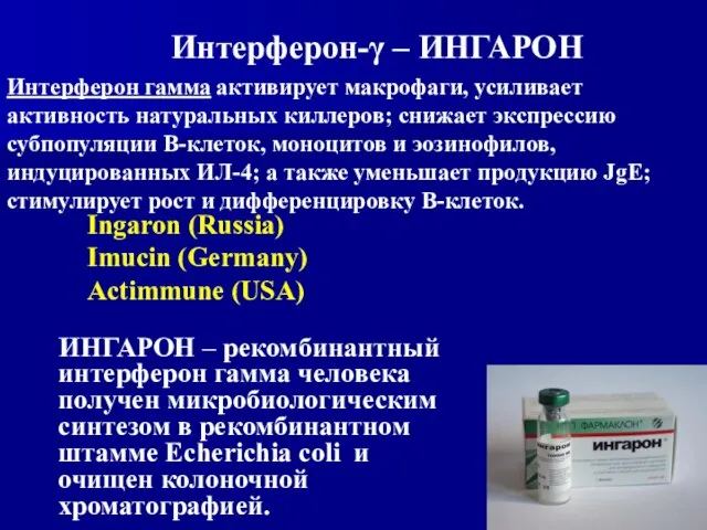 Интерферон гамма активирует макрофаги, усиливает активность натуральных киллеров; снижает экспрессию субпопуляции В-клеток,