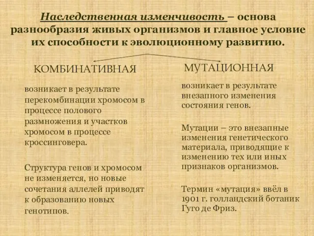 Наследственная изменчивость – основа разнообразия живых организмов и главное условие их способности