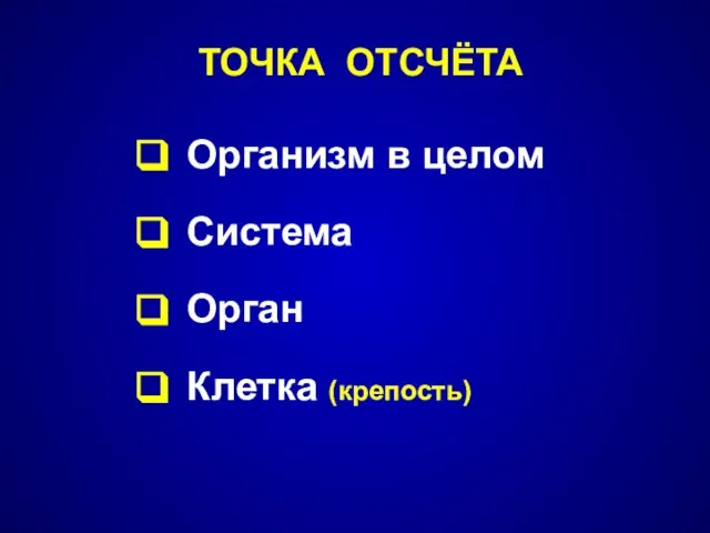 ТОЧКА ОТСЧЁТА Организм в целом Система Орган Клетка (крепость)