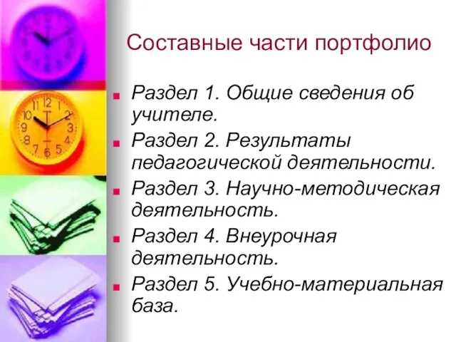 Составные части портфолио Раздел 1. Общие сведения об учителе. Раздел 2. Результаты