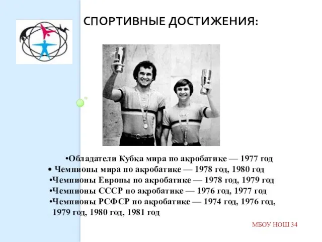 СПОРТИВНЫЕ ДОСТИЖЕНИЯ: МБОУ НОШ 34 Обладатели Кубка мира по акробатике — 1977