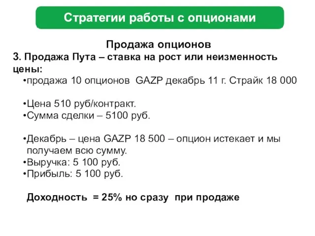 Стратегии работы с опционами Продажа опционов 3. Продажа Пута – ставка на