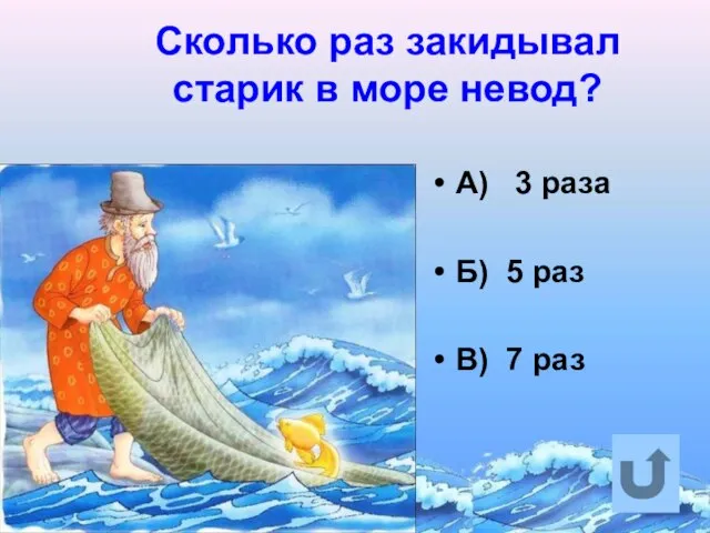 Сколько раз закидывал старик в море невод? А) 3 раза Б) 5 раз В) 7 раз