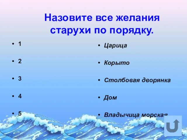 Назовите все желания старухи по порядку. 1 2 3 4 5 Царица