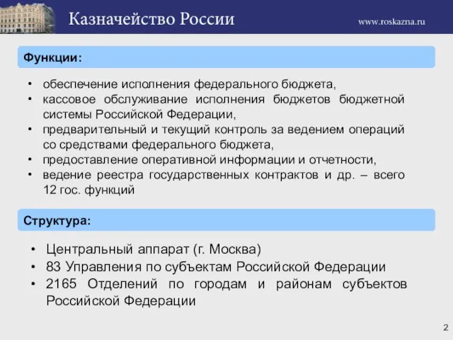 Функции: Структура: обеспечение исполнения федерального бюджета, кассовое обслуживание исполнения бюджетов бюджетной системы