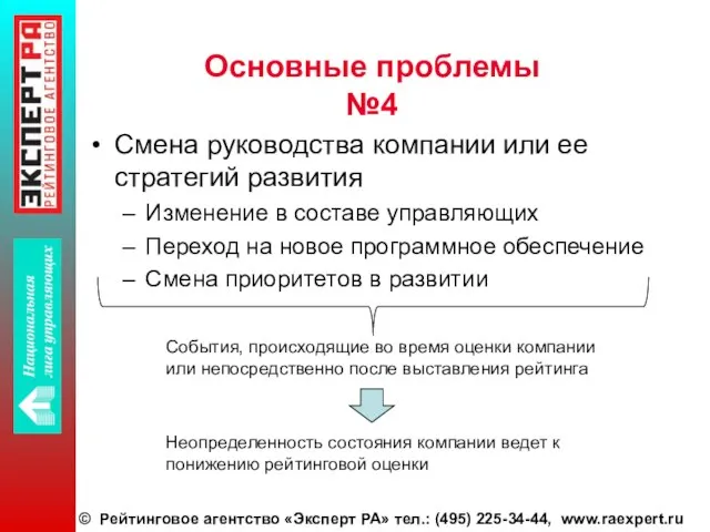 Основные проблемы №4 Смена руководства компании или ее стратегий развития Изменение в