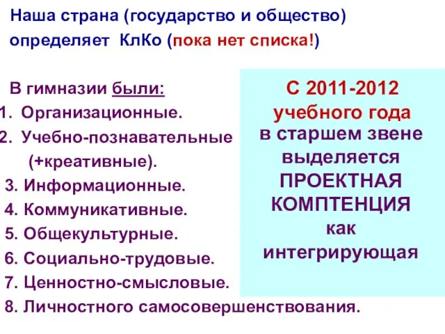 Наша страна (государство и общество) определяет КлКо (пока нет списка!) В гимназии