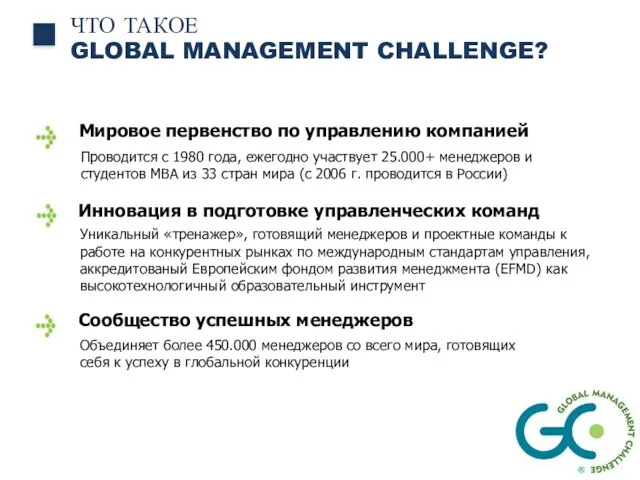 ЧТО ТАКОЕ GLOBAL MANAGEMENT CHALLENGE? Мировое первенство по управлению компанией Проводится с