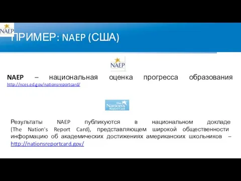 ПРИМЕР: NAEP (США) Результаты NAEP публикуются в национальном докладе (The Nation's Report