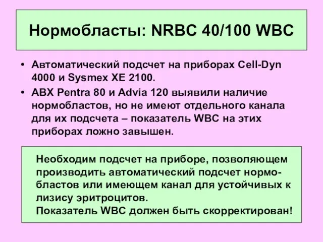 Нормобласты: NRBC 40/100 WBC Автоматический подсчет на приборах Cell-Dyn 4000 и Sysmex