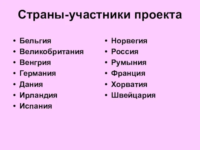 Страны-участники проекта Бельгия Великобритания Венгрия Германия Дания Ирландия Испания Норвегия Россия Румыния Франция Хорватия Швейцария