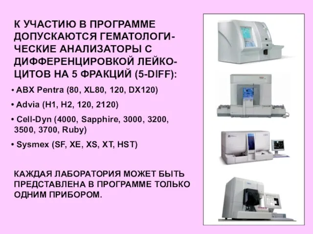 К УЧАСТИЮ В ПРОГРАММЕ ДОПУСКАЮТСЯ ГЕМАТОЛОГИ-ЧЕСКИЕ АНАЛИЗАТОРЫ С ДИФФЕРЕНЦИРОВКОЙ ЛЕЙКО-ЦИТОВ НА 5