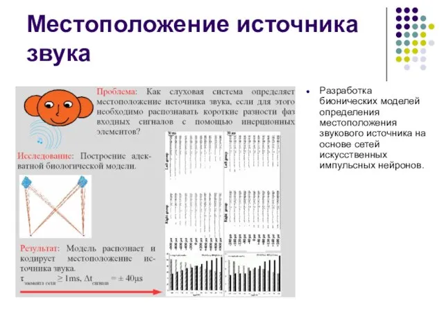 Местоположение источника звука Разработка бионических моделей определения местоположения звукового источника на основе сетей искусственных импульсных нейронов.