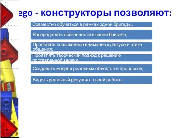 Lego - конструкторы позволяют: Совместно обучаться в рамках одной бригады; Распределять обязанности