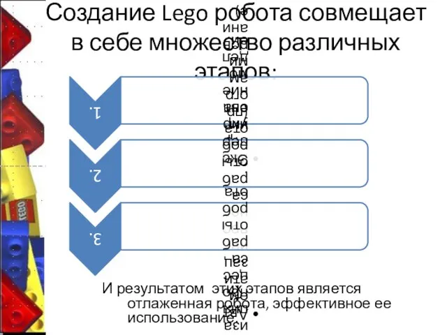 Создание Lego робота совмещает в себе множество различных этапов: И результатом этих