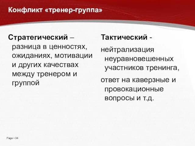 Конфликт «тренер-группа» Стратегический – разница в ценностях, ожиданиях, мотивации и других качествах