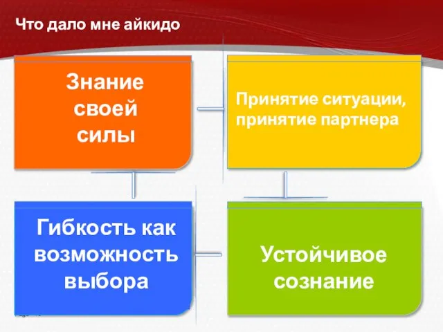 Что дало мне айкидо Знание своей силы Принятие ситуации, принятие партнера Устойчивое