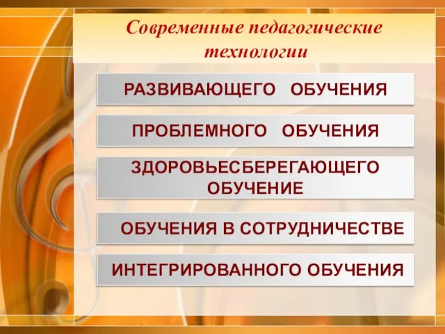 Современные педагогические технологии РАЗВИВАЮЩЕГО ОБУЧЕНИЯ ПРОБЛЕМНОГО ОБУЧЕНИЯ ЗДОРОВЬЕСБЕРЕГАЮЩЕГО ОБУЧЕНИЕ ОБУЧЕНИЯ В СОТРУДНИЧЕСТВЕ ИНТЕГРИРОВАННОГО ОБУЧЕНИЯ