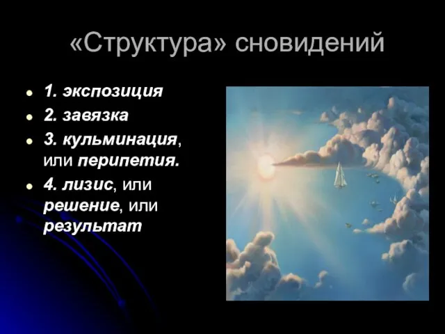 «Структура» сновидений 1. экспозиция 2. завязка 3. кульминация, или перипетия. 4. лизис, или решение, или результат