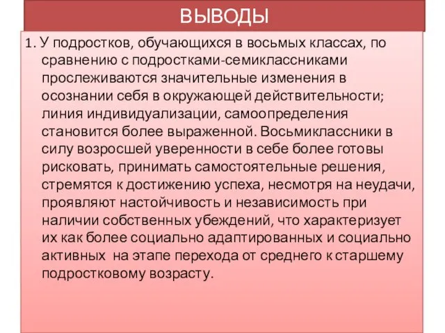 ВЫВОДЫ 1. У подростков, обучающихся в восьмых классах, по сравнению с подростками-семиклассниками