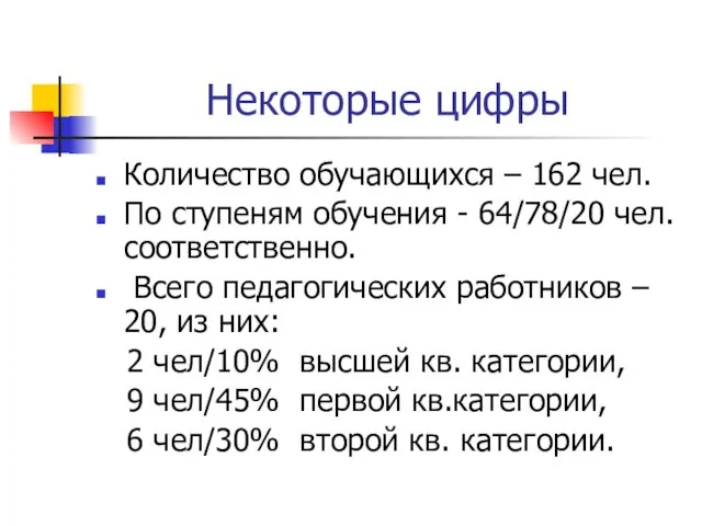 Некоторые цифры Количество обучающихся – 162 чел. По ступеням обучения - 64/78/20