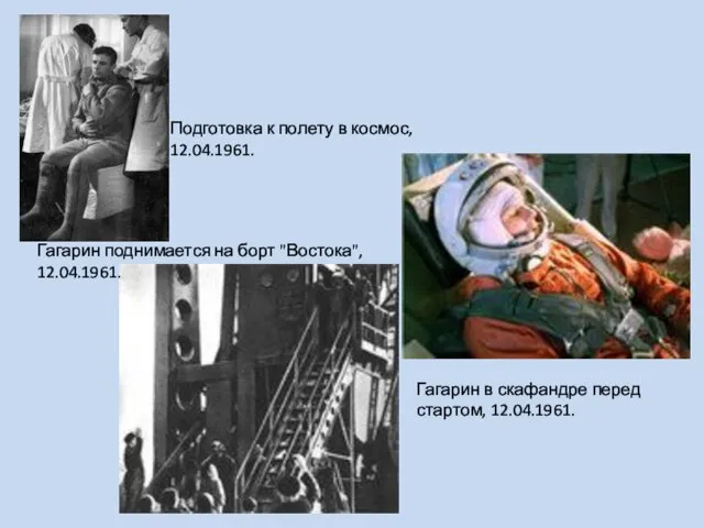 Гагарин поднимается на борт "Востока", 12.04.1961. Подготовка к полету в космос, 12.04.1961.