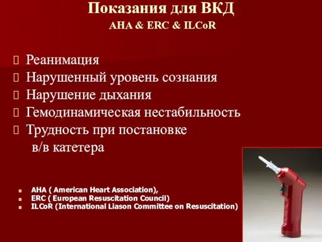 Показания для ВКД AHA & ERC & ILCoR АНА ( American Heart