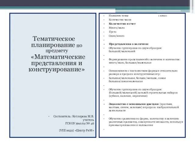 Тематическое планирование по предмету «Математические представления и конструирование» Составитель: Котлярова М.В. учитель