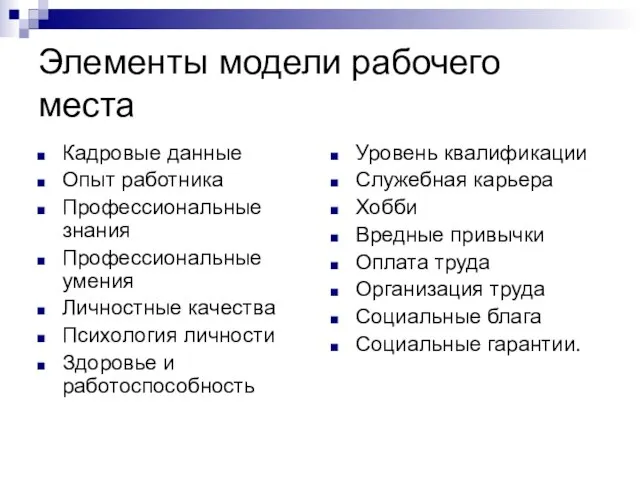 Элементы модели рабочего места Кадровые данные Опыт работника Профессиональные знания Профессиональные умения