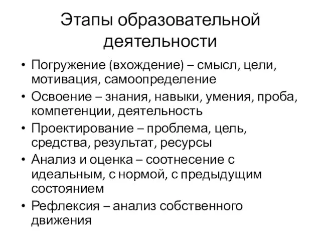 Этапы образовательной деятельности Погружение (вхождение) – смысл, цели, мотивация, самоопределение Освоение –