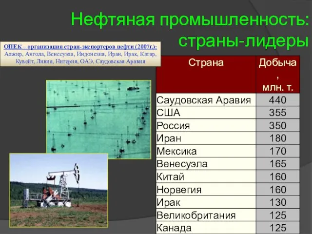 Нефтяная промышленность: страны-лидеры ОПЕК – организация стран-экспортеров нефти (2007г.): Алжир, Ангола, Венесуэла,