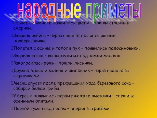 народные приметы На мать-и-мачехе появились цветы – пошли строчки и сморчки. Зацвела