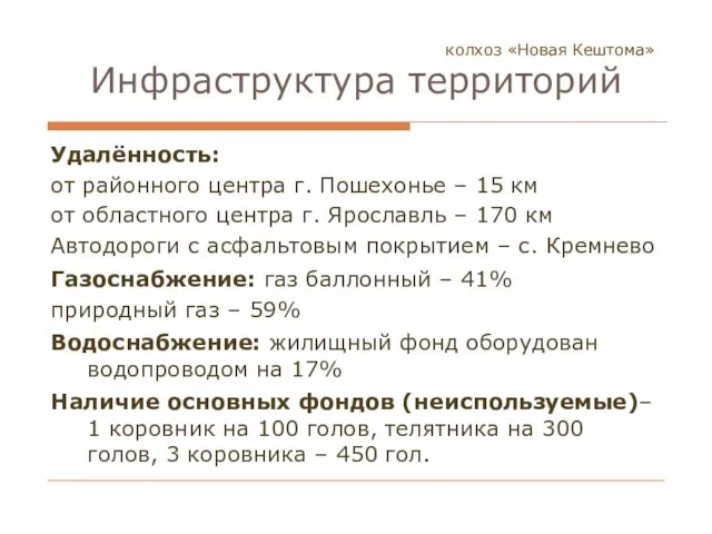 колхоз «Новая Кештома» Инфраструктура территорий Удалённость: от районного центра г. Пошехонье –