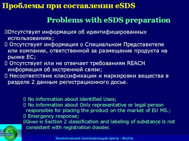 Экологический Синтезирующий Центр - Восток Отсутствует информация об идентифицированных использованиях; Отсутствует информация